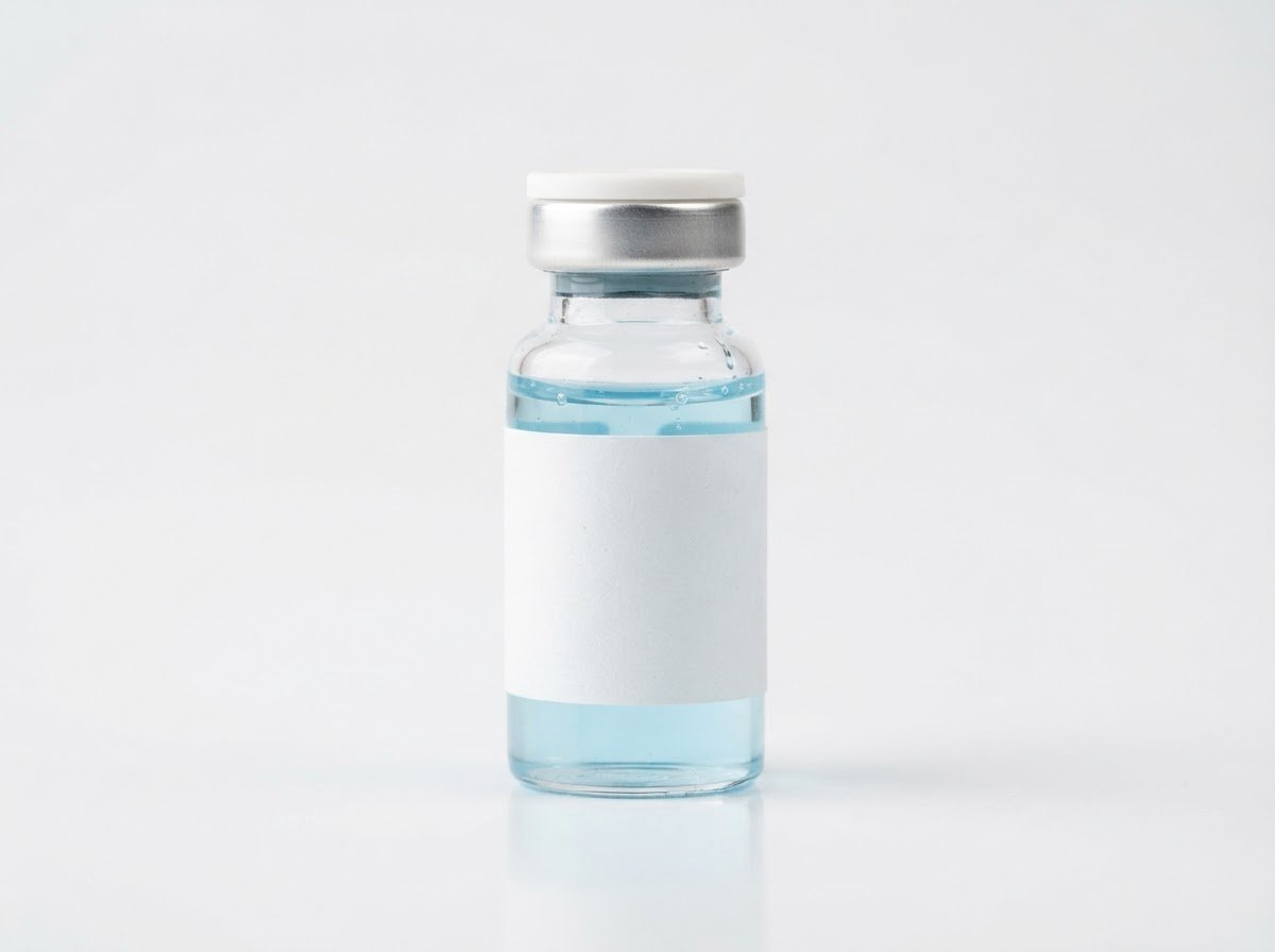 High-key product photography of a sealed glass vial with a clean white label on a clinical white background, soft diffused studio lighting, sharp macro focus, 85mm